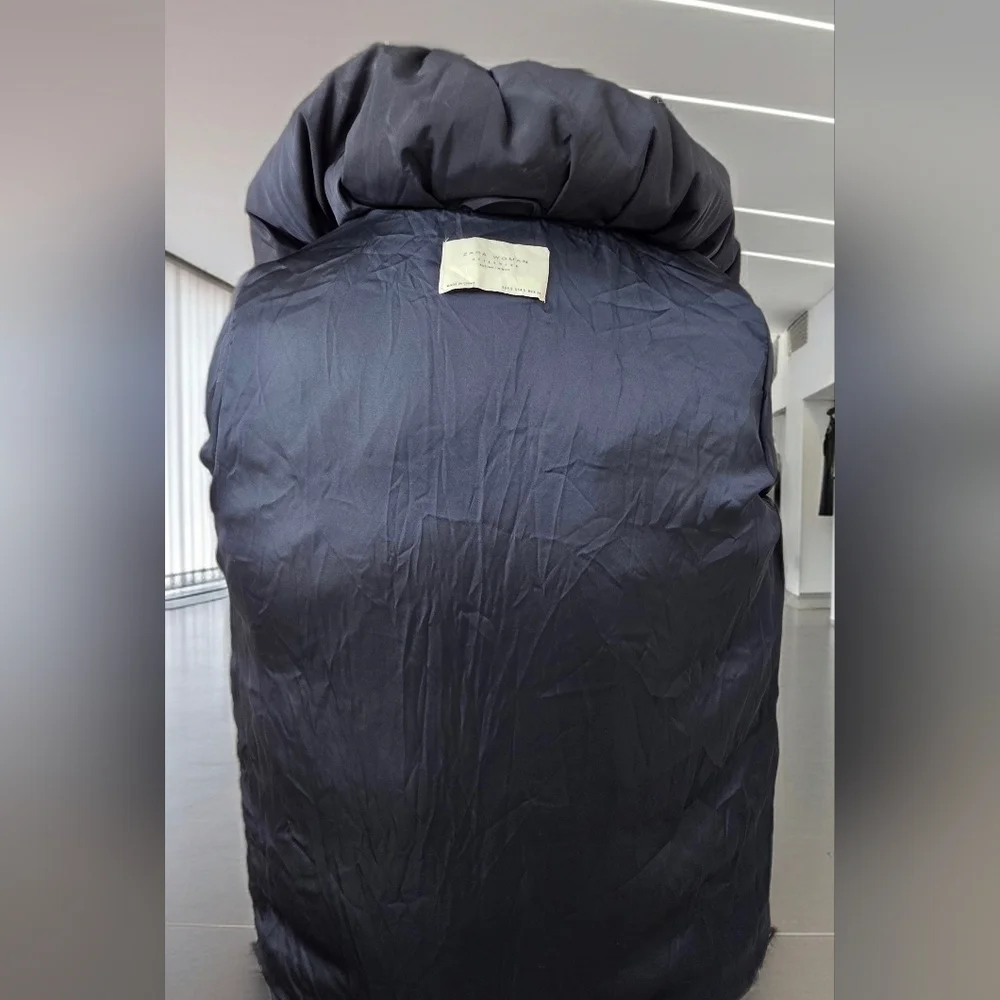 ZARA Down Navy Blue Funnel Neck Water Repellant Hooded Puffer Anorak Coat